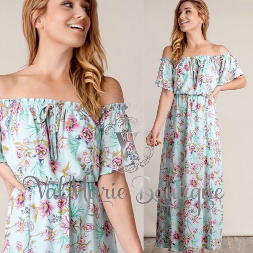 Aqua floral off the shoulder maxi dress